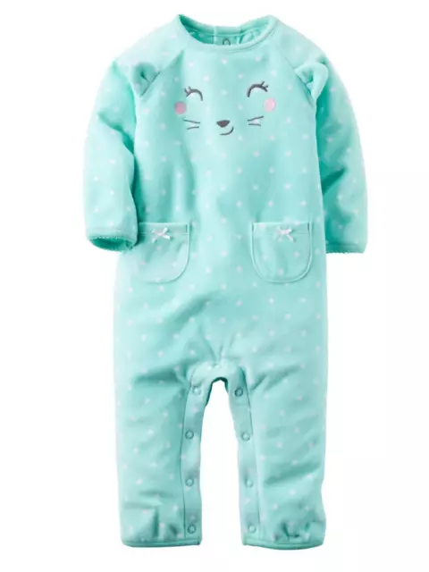 Carters Infant Girls Green Dot Cat Face Fleece Jumpsuit Coverall Outfit 18m