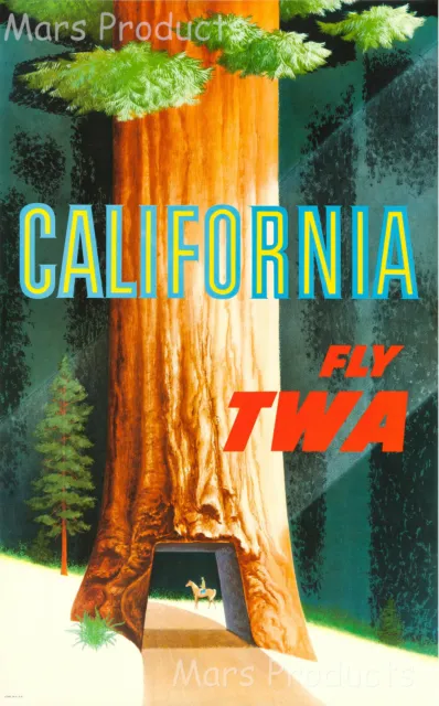 California Redwoods 1950s TWA Airline Vintage Travel Poster 24x36