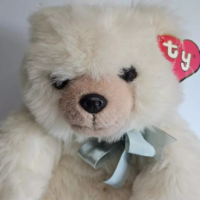 Ty Classics Honey Bear Plush 13” White Blue Bow Stuffed Animal Toy Teddy 1990