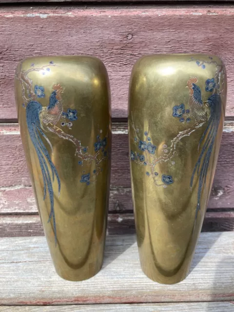 Vtg Bronze Mixed Metal Japanese Long Tailed Rooster Vases Meiji Signed & Marked