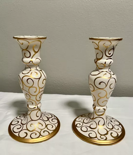 Vtg Favanol Gold & White Tapered Candle Stick Holders Handpainted In PORTUGAL