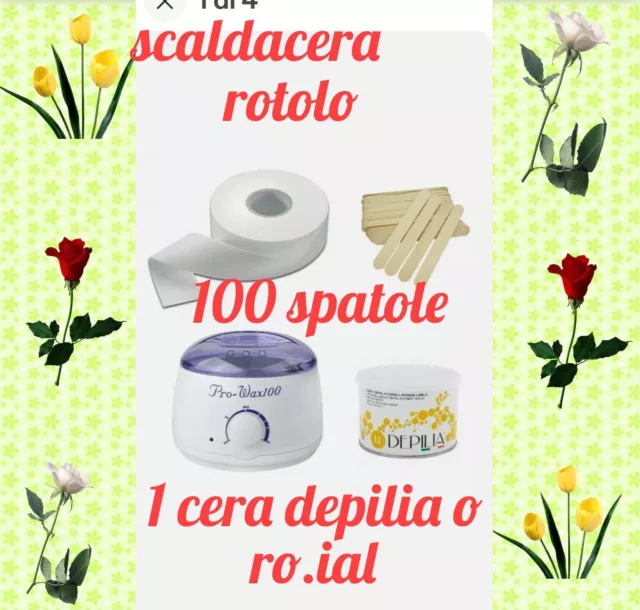 Kit Depilazione Scaldacera + Rotolo Per Ceretta + Cera Depilia + 100 Spatole+