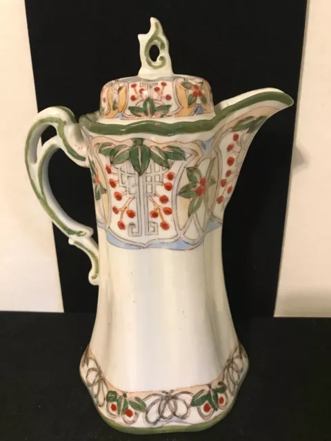 Vintage Japanese Porcelain Chocolate Pot Hand Painted Green And Red Floral 2