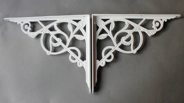 2 x 10 x 12" SUPPORTS SUSPENDUS MURAUX ANCIENS EN FONTE BLANCHE LOURDE VICTORIENNE