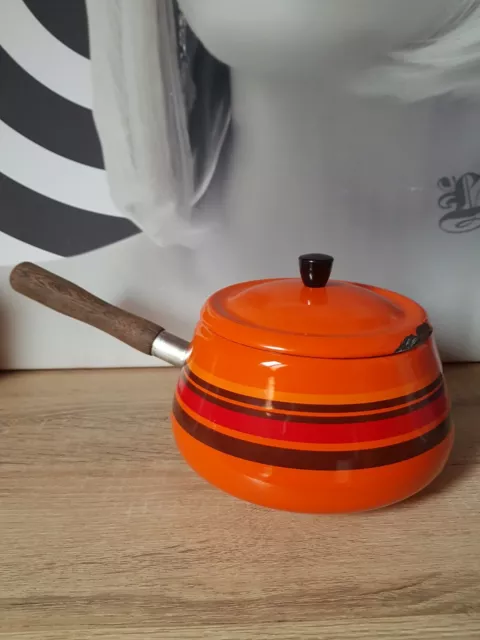 Ancien Caquelon Poêlon A Fondue Émaillé Vintage Orange