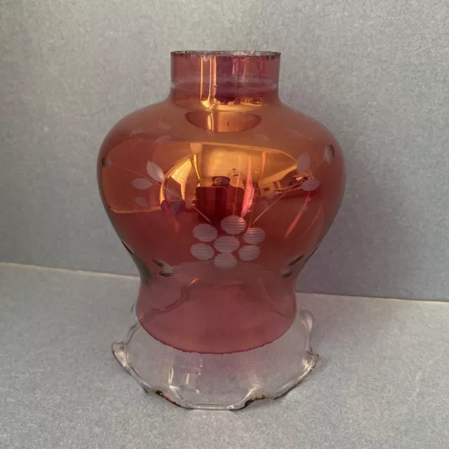Vintage Cranberry to Clear Glass Ruffled Floral Etched Lamp Shade 1.5” Fitter