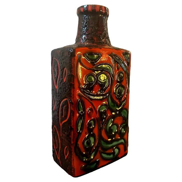 1970s Scheurich Modernist Fat Lava Red, Black and Green Ceramic German Vase
