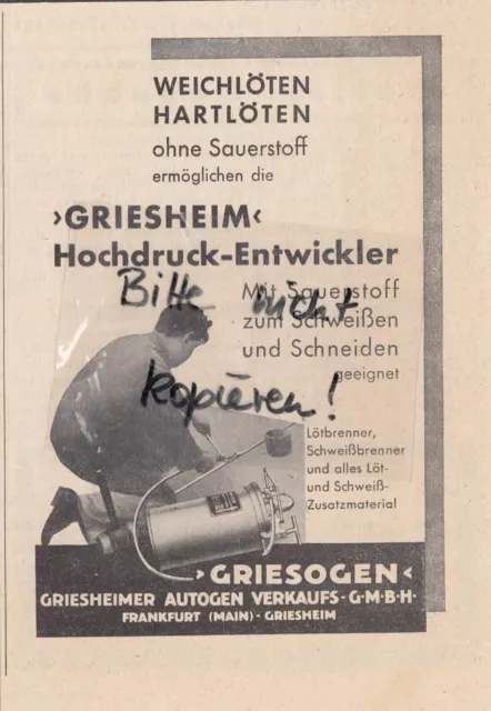 FRANKFURT/M.-GRIESHEIM, Werbung 1936 Griesheimer Autogen Verkaufs GmbH Griesogen