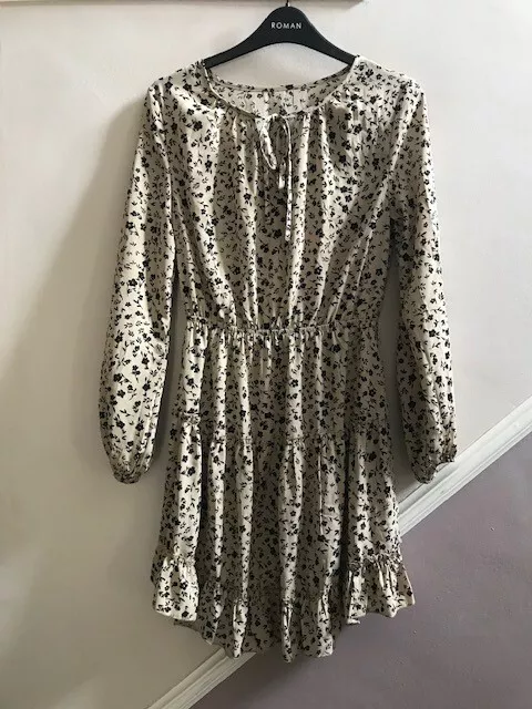 Shein Ladies Beige Floral Ls Dress Size Small, 8 Uk