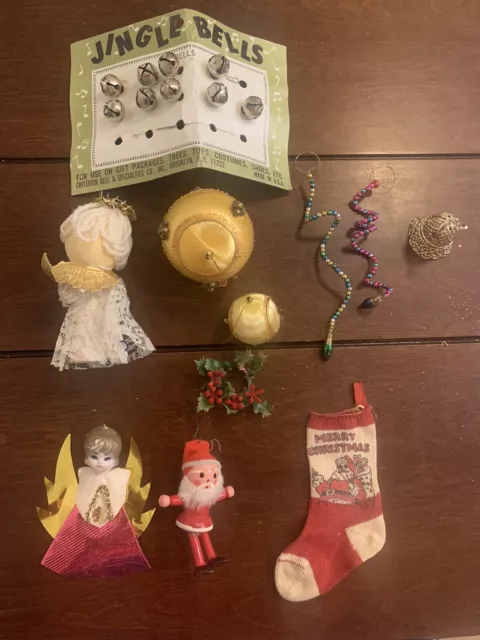 2 Vintage Felt Christmas Ornaments White Bells w/ Beads Trim & Jingle Bells  4