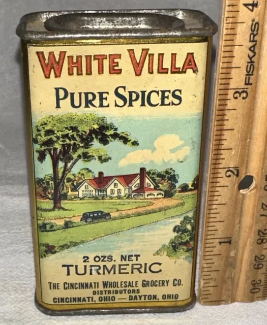 Antique White Villa Turmeric Spice Tin Litho Can Vintage Car Cincinnati Dayton O