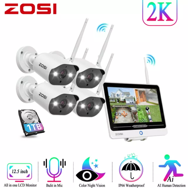 ZOSI 8CH 2K 3MP Wireless Security Camera System WiFi 12.5"Monitor NVR CCTV Audio