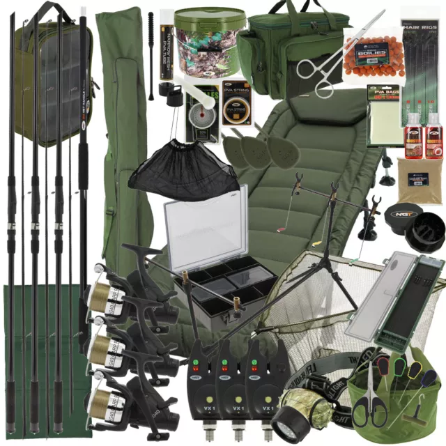 Complete Carp Fishing Set 3x Rods 3x Reels Alarms Tackle Holdall Bedchair Deluxe