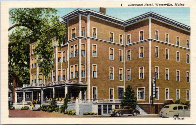 Waterville Maine Postcard Elmwood Hotel Sign Old Cars Linen 1930s UNUSED QH