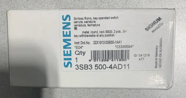 Siemens 2-Position Maintained Keyed Selector Switch 3Sb3 500-4Ad11-Nib