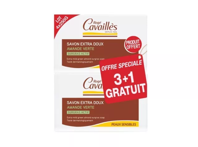 Rogé Cavaillès Extra-gentle surgras soap with green almond - 3x250gr + 1 Free