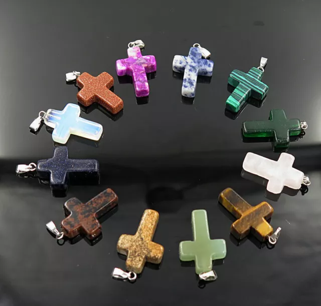 Fashion Natural Cross Gemstone stone Silver P Beads Pendant 30pcs/lot Wholesale