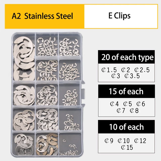 210 pz A2 e-clip in acciaio inox dischi di sicurezza assortimento dischi di supporto M1,5-M15