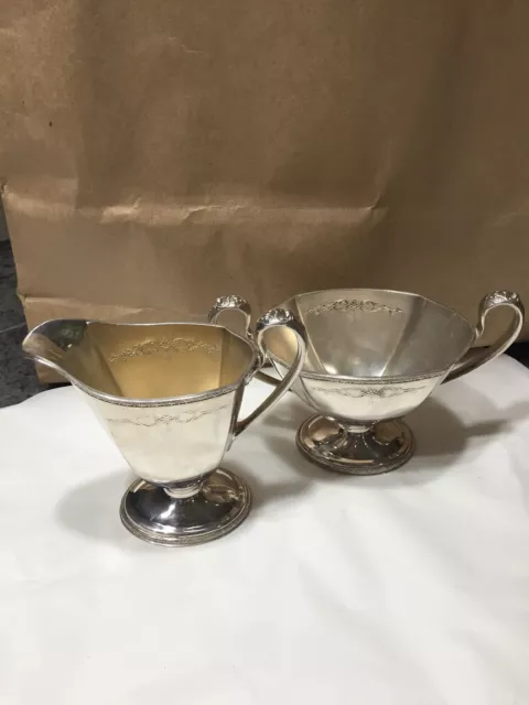 Vtg 40s silverplated Cream Sugar Pr W M Mounts USA LOUISIANA pattern 4''T