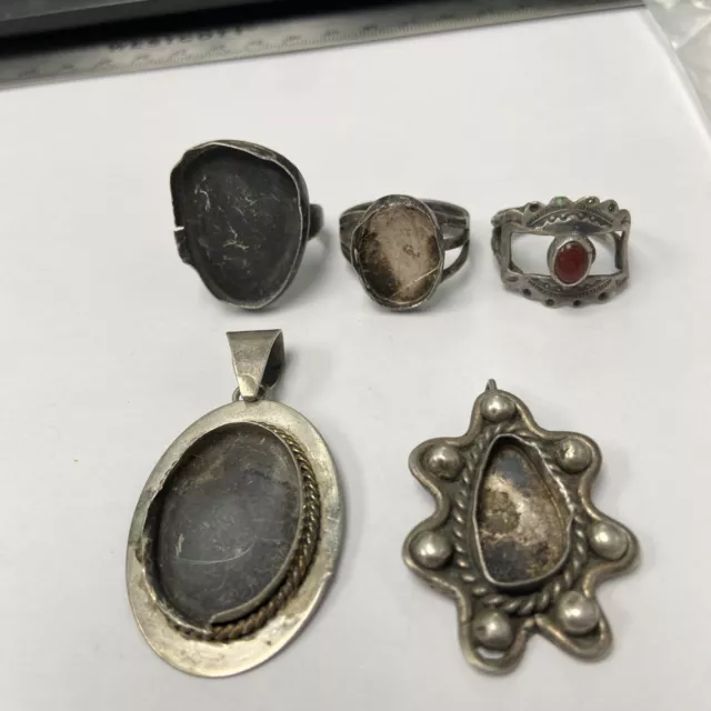 old pawn native american silver pendant & rings lot of 5 for repair/refurbishing