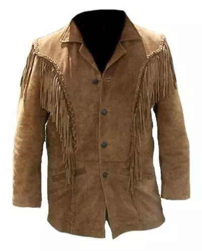 Mens Cowboy Jacket Suede Leather Native American Style Fringe Western Wear Coat