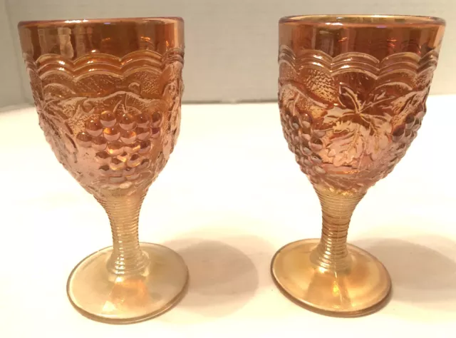 Imperial Marigold Carnival Glass 4" Grape & Leaf Stemmed Cordial Wine 2 Glasses