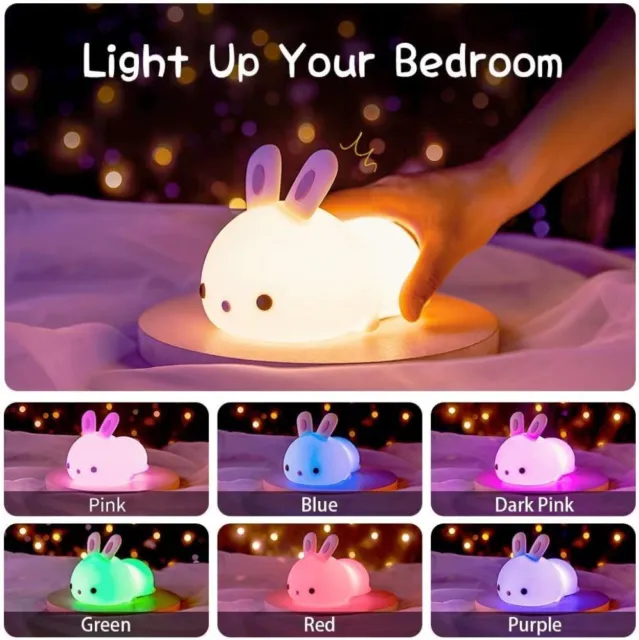 Cute Bunny Night Light LED RGB Silicone Beside Nursery Lamp Kids Gift + Remote