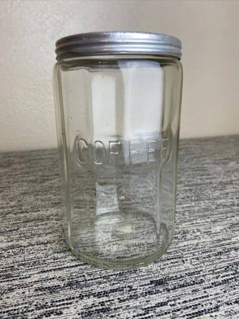 Vtg Glass Coffee Jar Canister Can Metal Screw Lid 1900s Hoosier Cabinet Style 7”