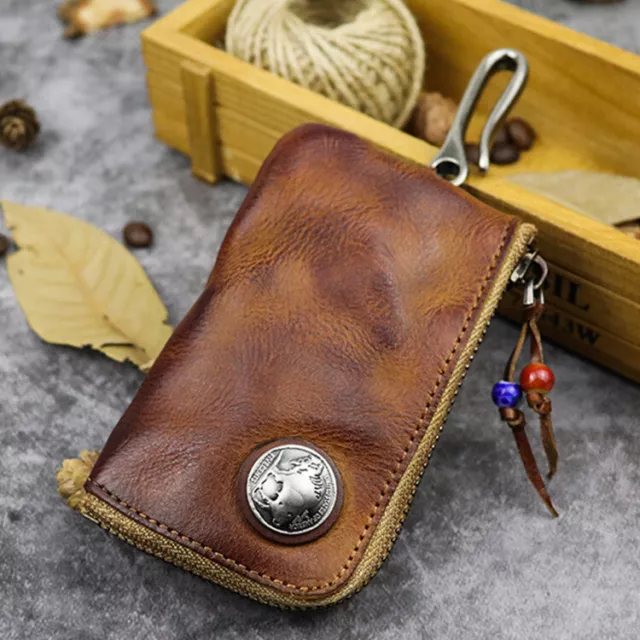 Retro Handmade Genuine Cowhide Leather Case Coin Money Key Bag Wallet Zipper