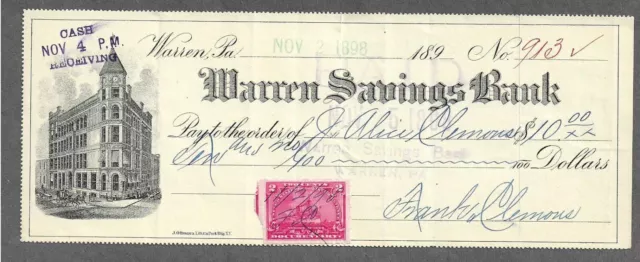 1898 Warren Pennsylvania Bank Check "Bank"