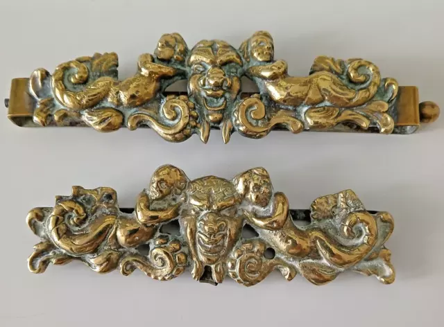 Stunning Pair of Early Brass Decor Pediments Bacchus Cherubs Putti 19th Century