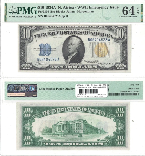 1934-A $10 Silver Certificate North Africa Fr 2309 PMG Choice Unc-64 EPQ
