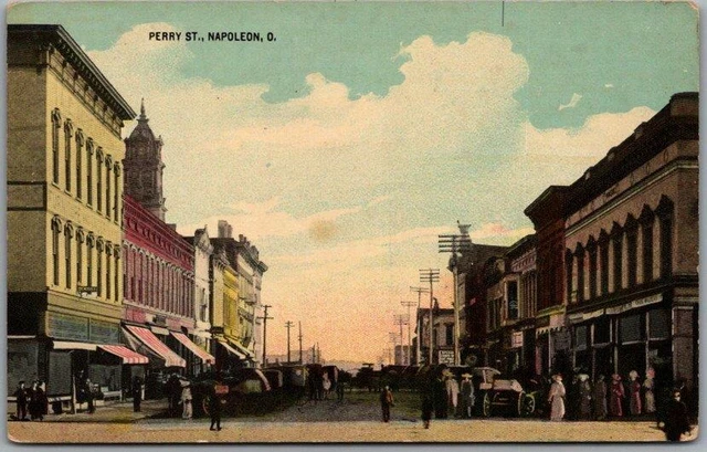Vintage NAPOLEON, Ohio Postcard "Perry Street" Downtown Scene c1910s Unused