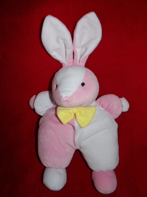 Doudou Peluche PETIPOUCE Lapin Rose Blanc Noeud Papillon Jaune
