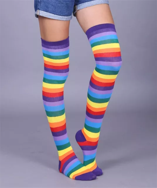 Women Senior Girl Teen Multi-color Colorful Rainbow Stripe Over Knee long Socks