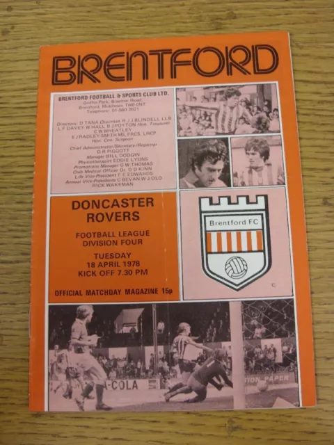 18/04/1978 Brentford v Doncaster Rovers  (Creased, Folded). Unless stated previo