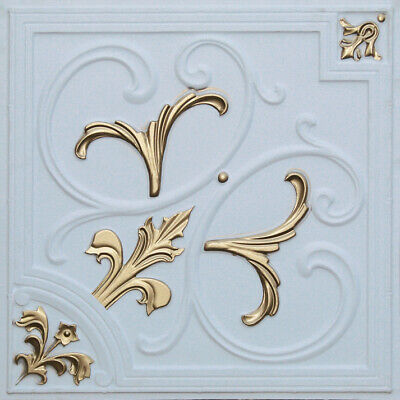 Faux Tin PVC Ceiling Tile 2'x2' (25/pack)-White-Gold #204 Drop-in/Glue-up