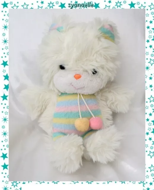 Doudou Peluche Chat Ours Blanc Rayures Pastel Vintage Pompons Ajena