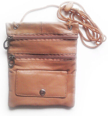 Tan Genuine Leather Travel Bag Passport Holder Neck Strap Wallet Zip US SELLER