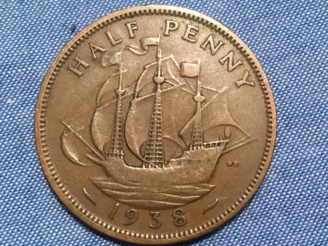 1938 George VI British halfpenny ship half pence