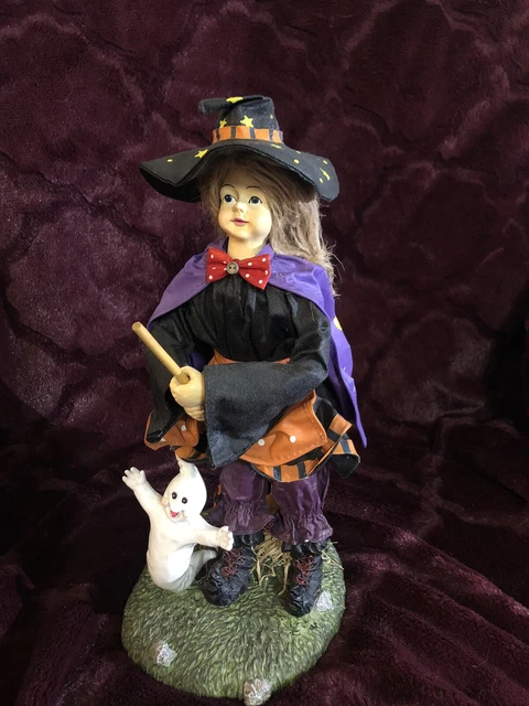 Friendly WITCH & Ghost FIGURE 13" Halloween decor vintage CUTE FABRIC MACHE