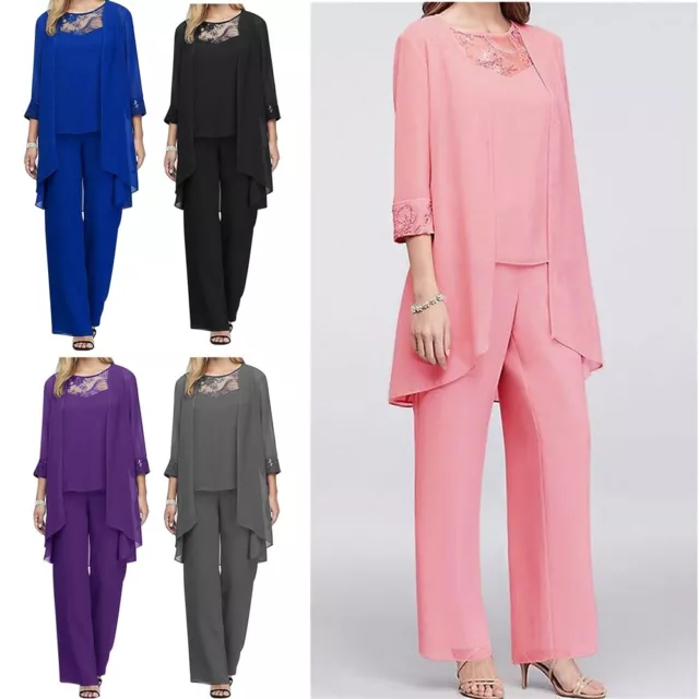 Womens 3 Piece Chiffon Pant Suits Tank Top Cardigan and Pants Evening Outfits