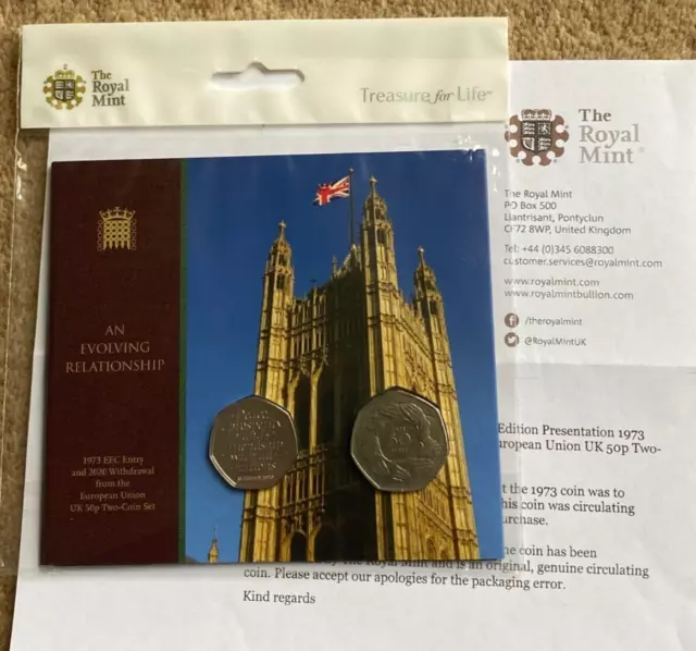 1973/2020 EEC/ Brexit 50p 2-Coin Set in packaging error with Royal Mint letter