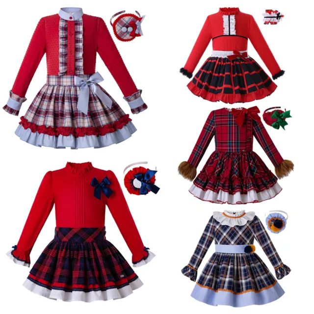 Abiti fiocco frilly ragazze spagnole set abiti natalizi autunno rosso età 3-12 anni