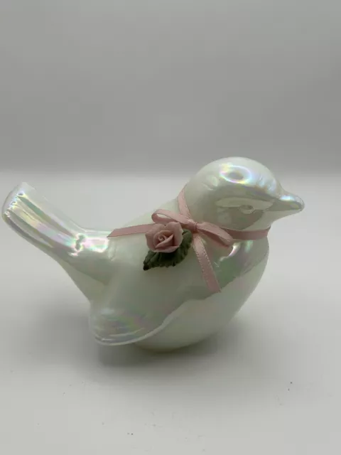 Vintage Fenton Pearl Iridescent Glass Bird w/Pink Porcelain Rose & Ribbon Bow