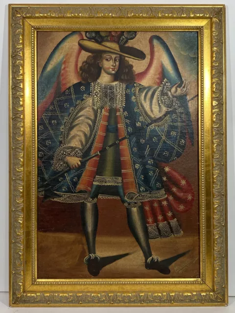 Signed Cuzco School Style Peruvian Archangel Portrait Oil Painting