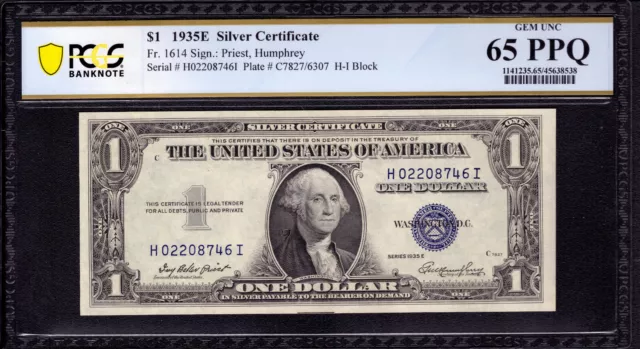 1935 E $1 Silver Certificate Note Fr.1614 Hi Block Pcgs B Gem Unc 65 Epq