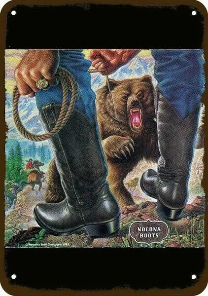 1982 NOCONA BOOTS Cowboy vs Grizzly Bear Vntg-Look DECORATIVE REPLICA METAL SIGN