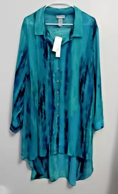 Catherines Size 2X Blue Tie-Dye-ish Roll Tab Long Sleeve Long Tunic Top NWTS