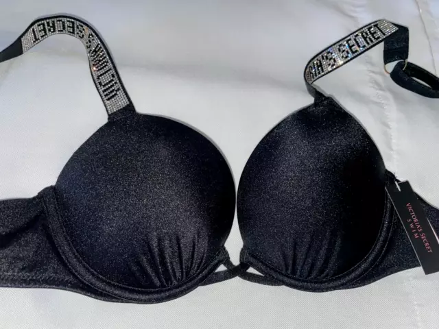 VICTORIA SECRET BOMBSHELL luxe shiny Black Strappy Bikini Top 34A thick  padding! £35.55 - PicClick UK